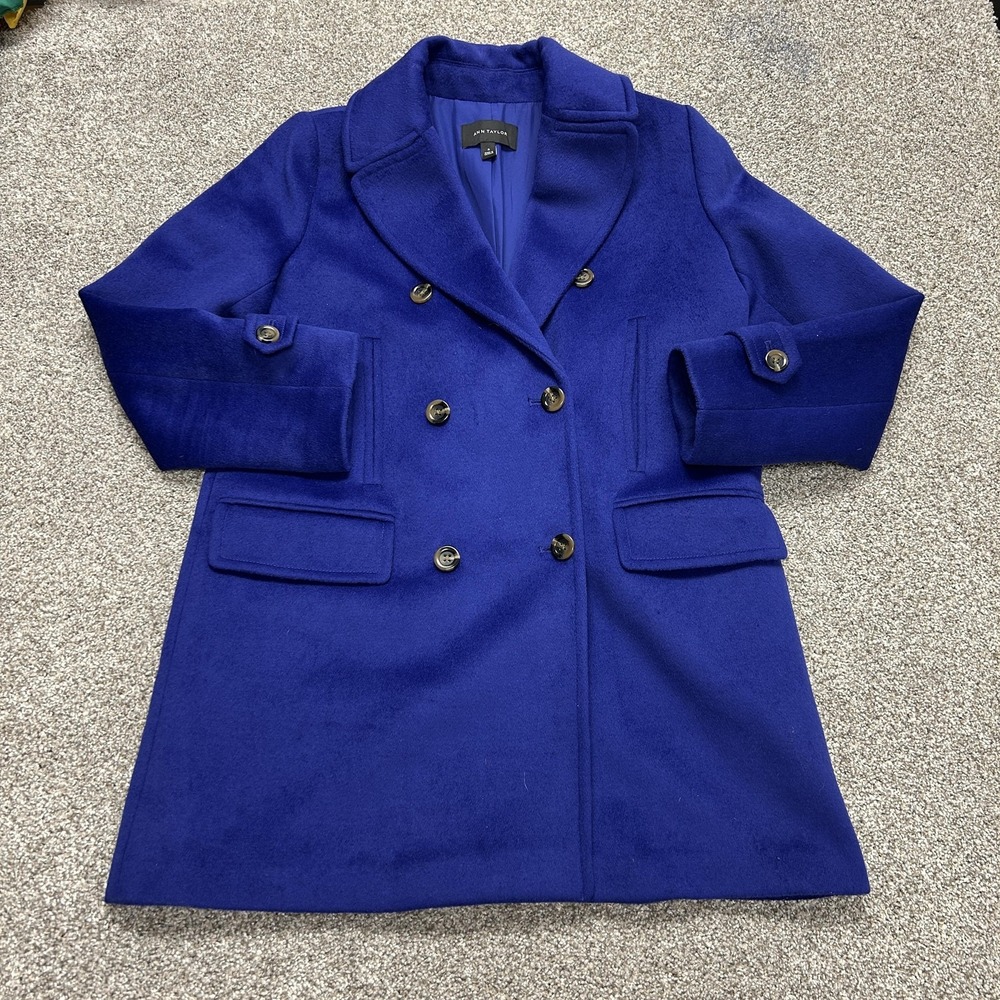 Ann Taylor Coat Womens M Blue Wool Blend Pea Double Breasted Lined Pockets